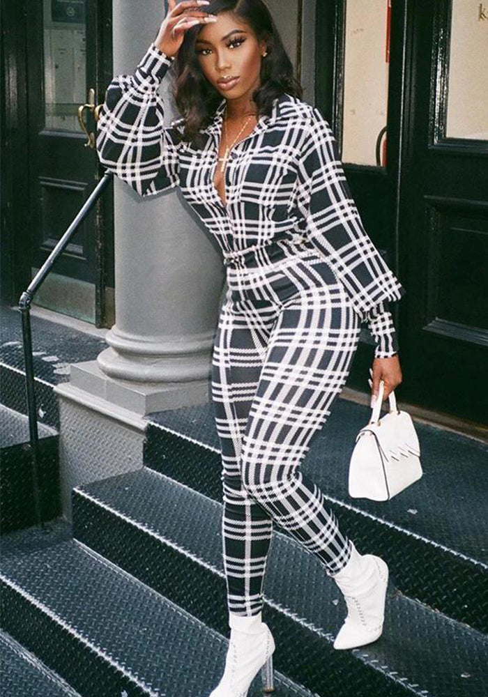 Fashionable Spring Turndown Collar Slim Puff Sleeve Women's Plaid Print Jumpsuit