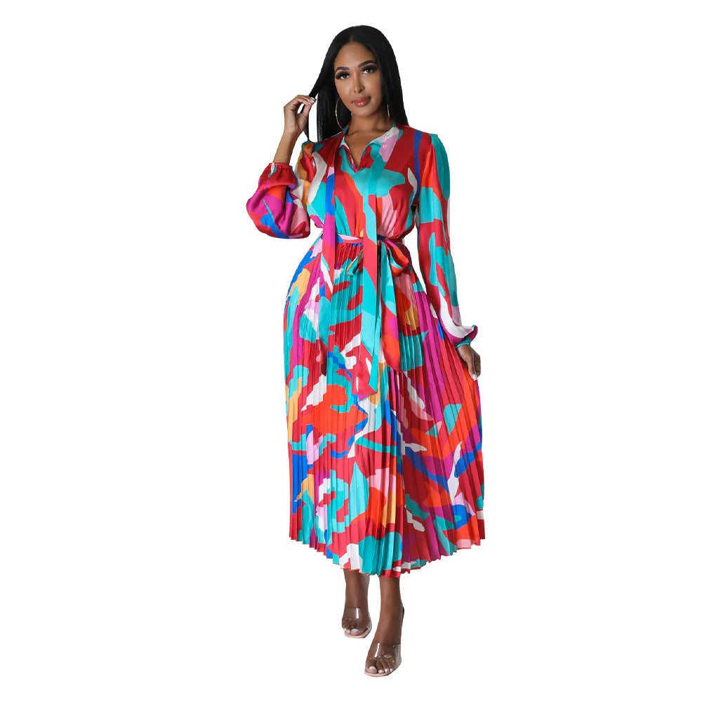 Women's Tie Long Sleeve Printed Pleated Dress 41