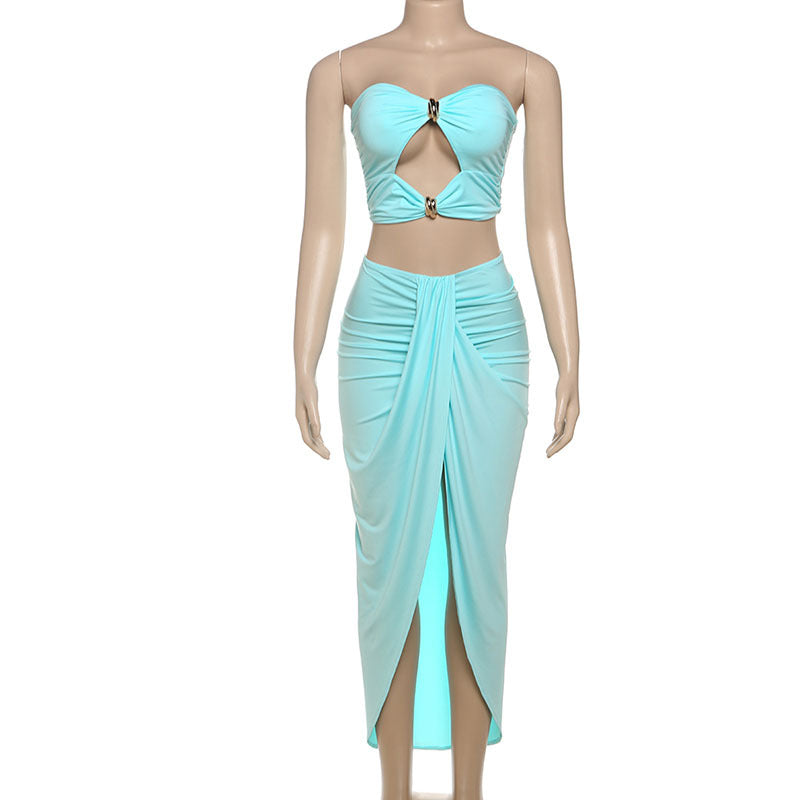 Summer Hollow Low Back Strapless Top and High Waist Solid Color Slit Skirt Set for Women 10