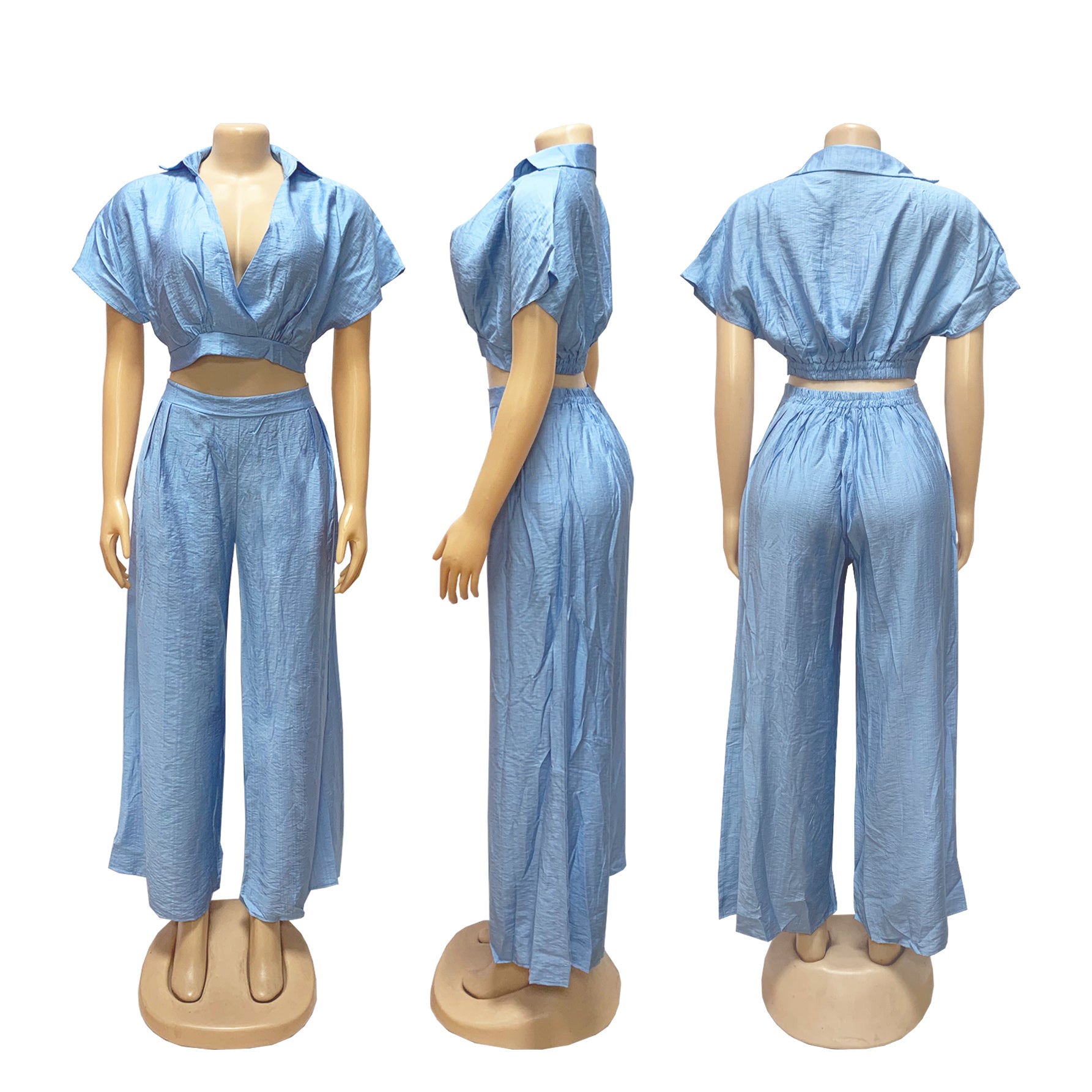 Women Casual Holidays Summer Turndown Collar Short Top & High-Waist Wide-Leg Pants Set 20