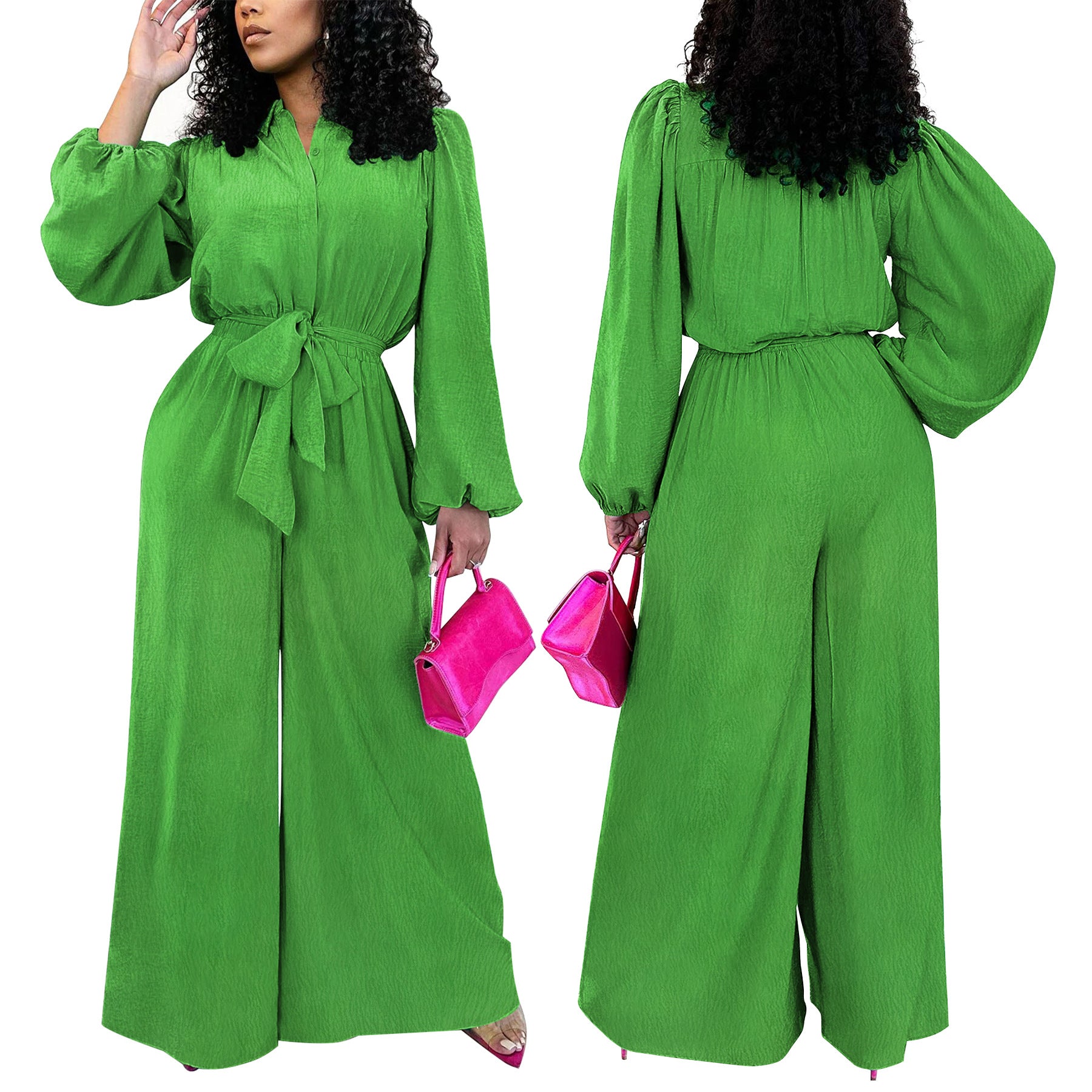 Fashion Women's Lantern Sleeve Solid Color Slim Waist Tie-Front Wide-Leg Jumpsuit 3