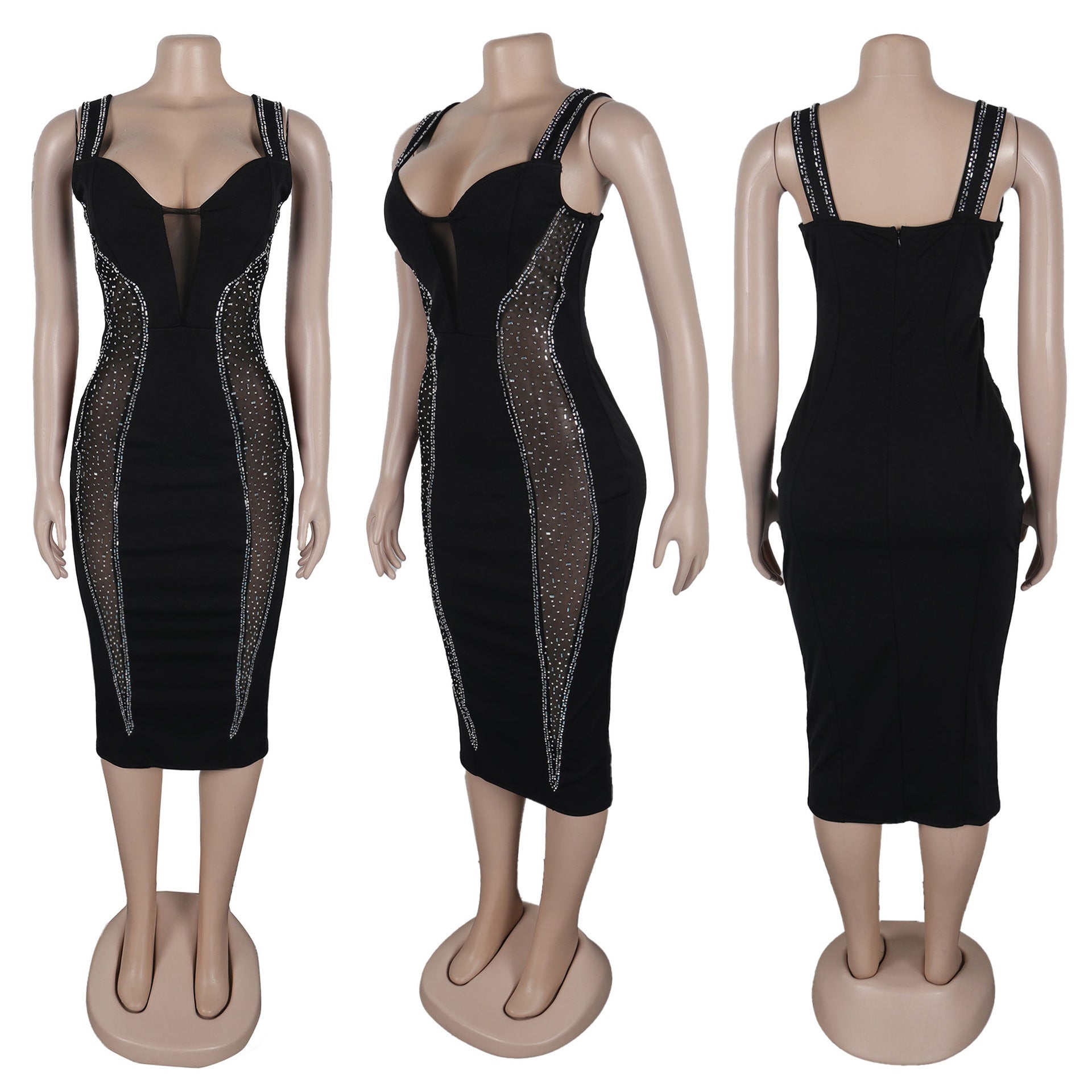 rhinestone hollow see-through slim-fitting strap dress 17