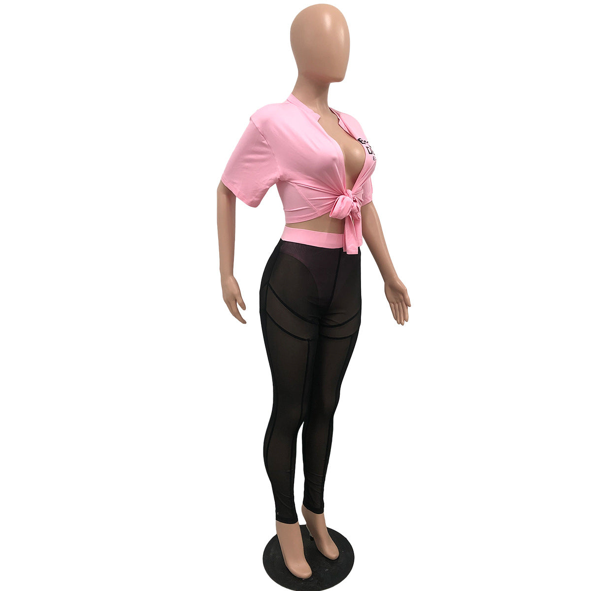 Fashion Sexy Lace-Up T-Shirt Mesh Pants Two-Piece Set 13
