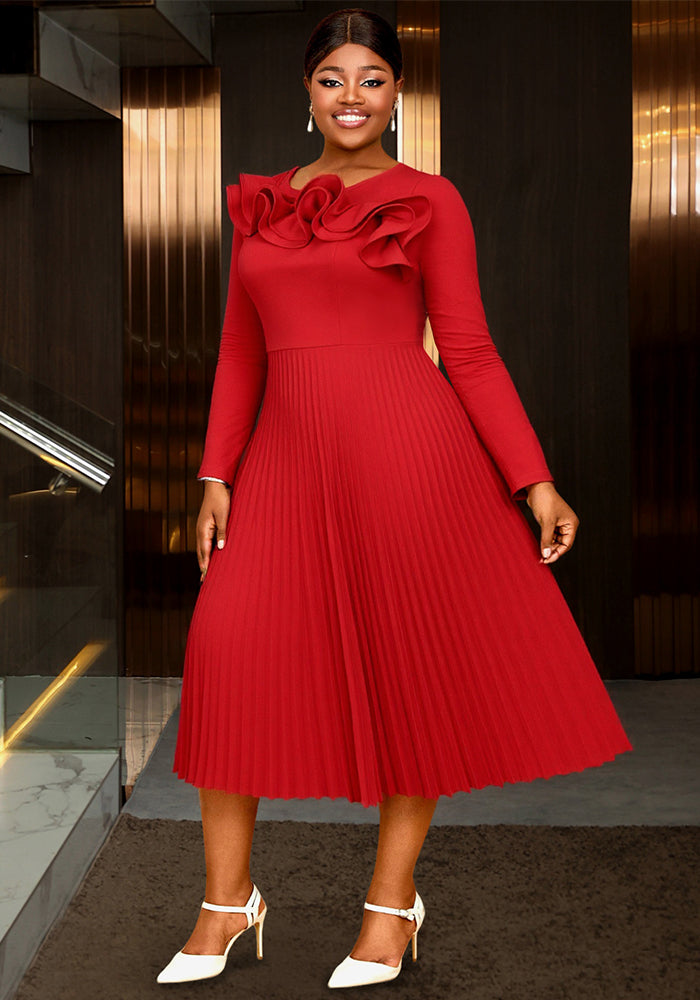 Plus-Size Women Wedding Round Neck Ruffled Long-Sleeved Pleated Red Formal Party Dress