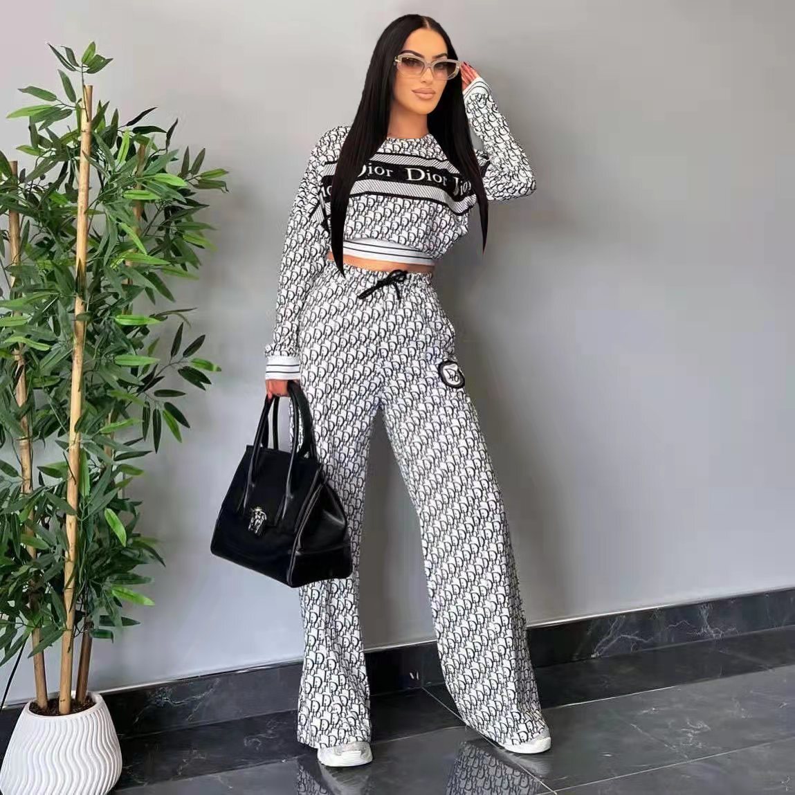 Women's Fashion Casual Trendy Ribbed Long Sleeve Loose Wide Leg Two-Piece Pants Set 5