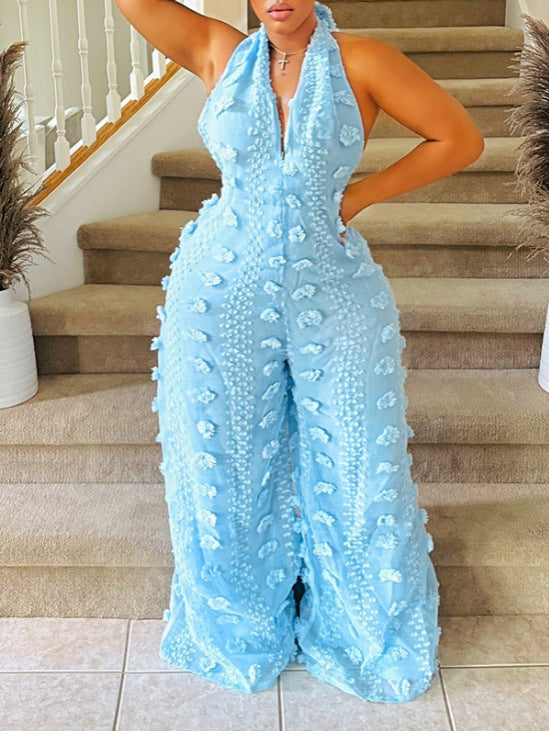 Women Halter Neck V-neck Ribbon Jumpsuit 3