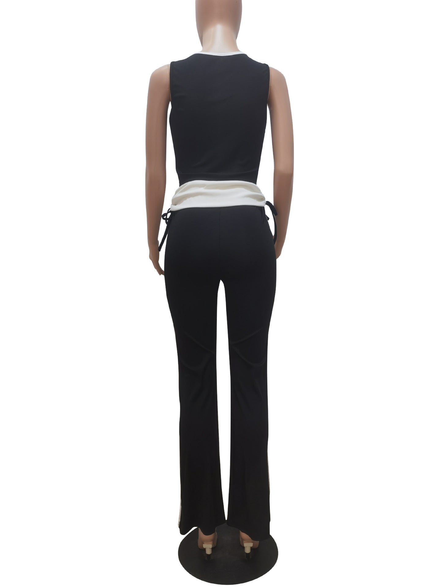 Women Spring Summer Ribbed Patchwork Color Block Tank Top Bell Bottom Pants Casual Two-Piece Set 7