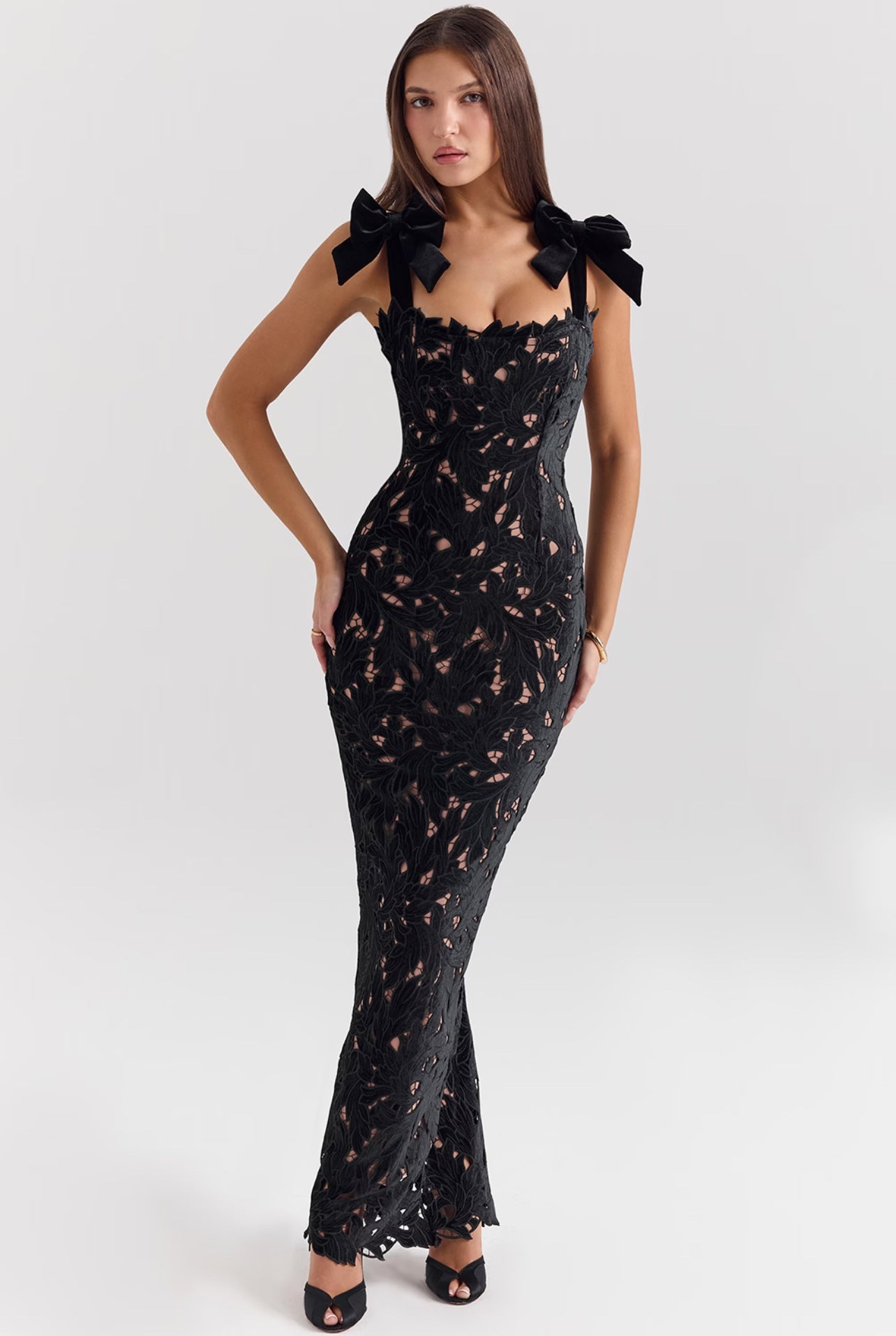 Women Spring and Summer Bow Embroidered Hollow Bodycon Dress 5