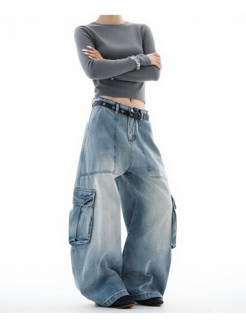 Plus-Size Women American Blue Cargo Denim Wide-Leg Pants 4