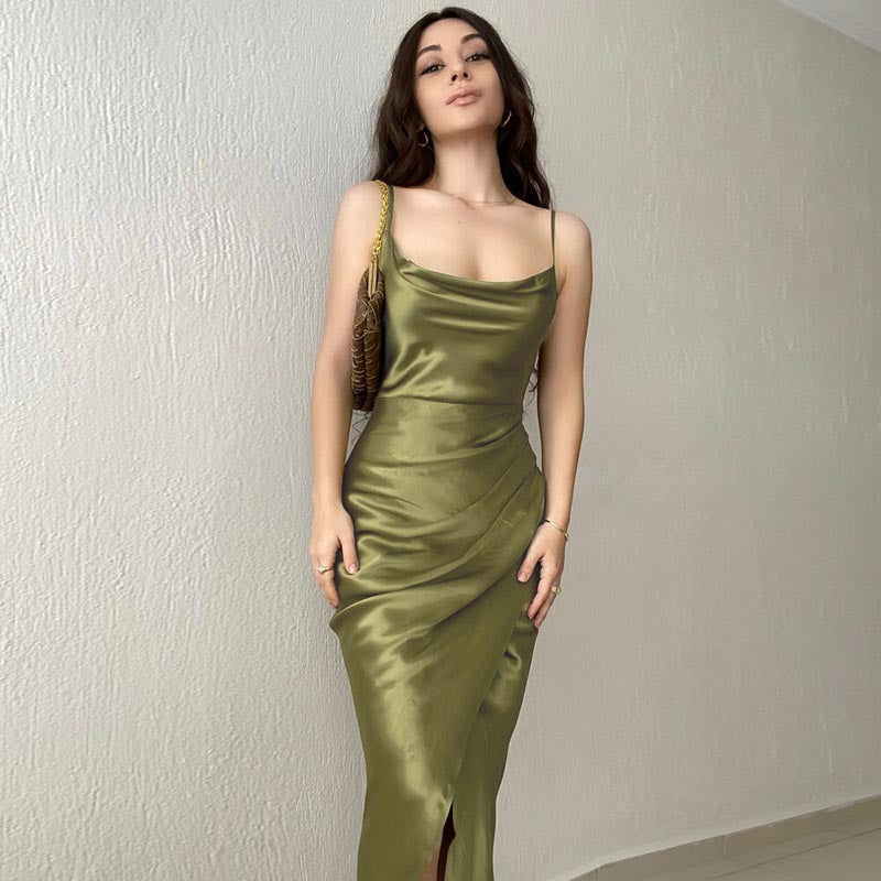 Sexy Low Cut Satin Slit Strap Dress Slim Fit Low Back Maxi Dress 18