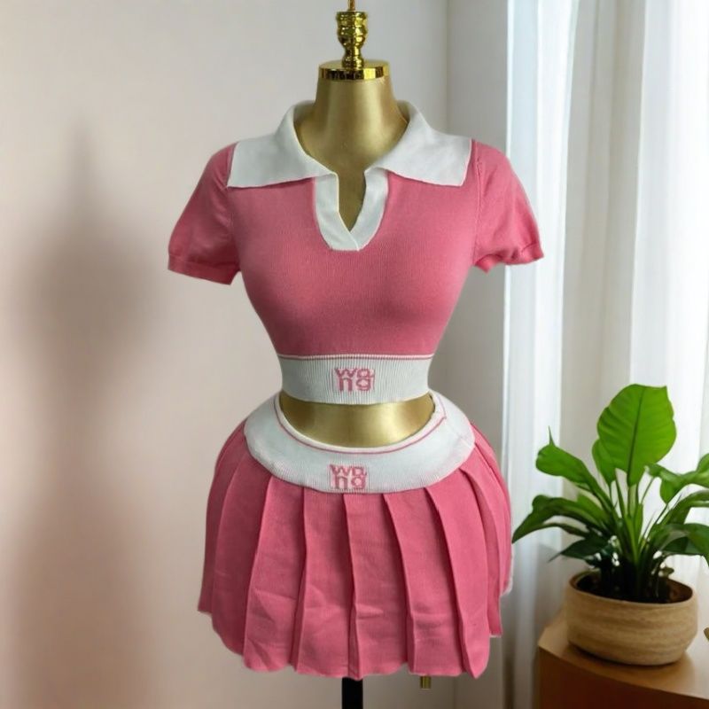 Casual Crop Letter Print Patchwork Turndown Collar Short-Sleeve T-Shirt Pleated Mini Skirt Set 5
