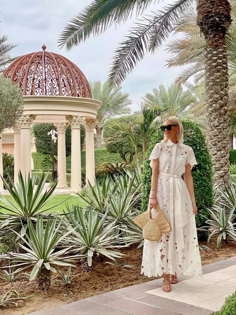 Spring/Summer Short Sleeve Single-Breasted Lace Floral Mid-Length Dress 6