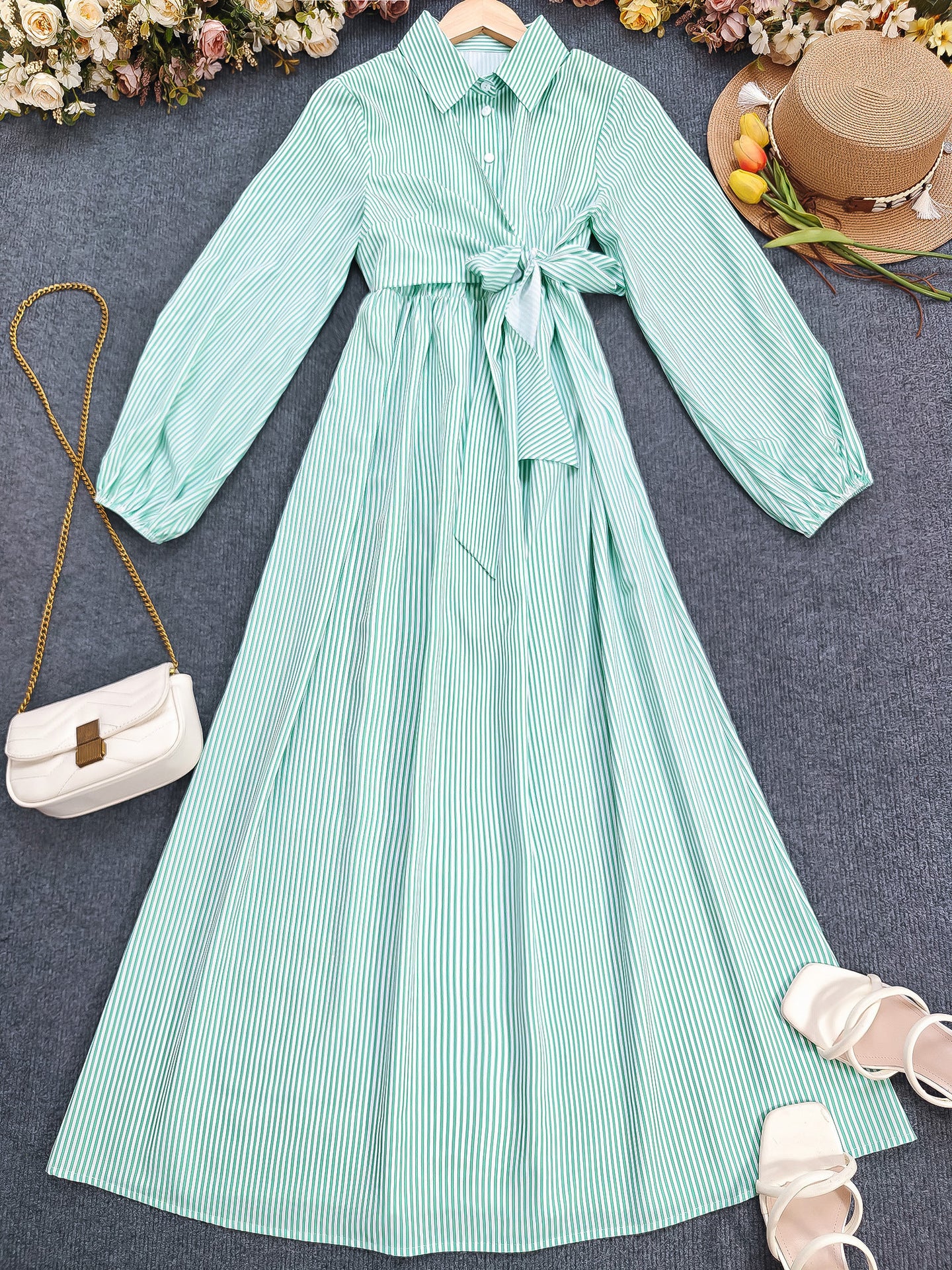 Women's Striped Long Sleeve Turndown Collar Elegant Casual Belted Long Dress 6