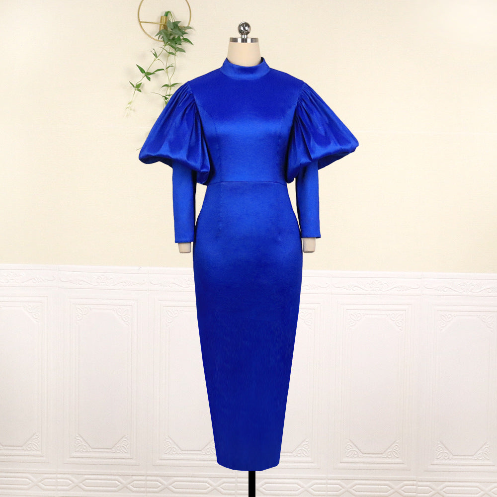 Spring Stand Collar Puff Long Sleeve High Waist Party Dress 9