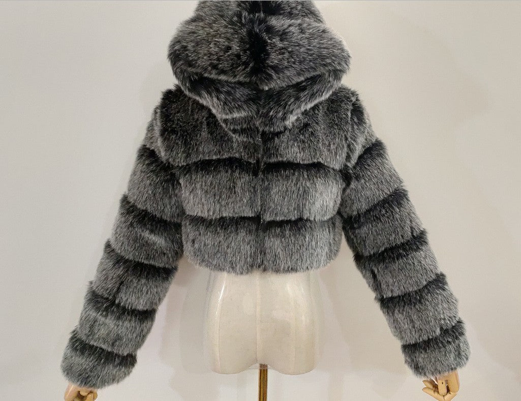 Fur Coat Cropped Hooded Faux Fur Coat Long Sleeve Patchwork Women's Coat 8