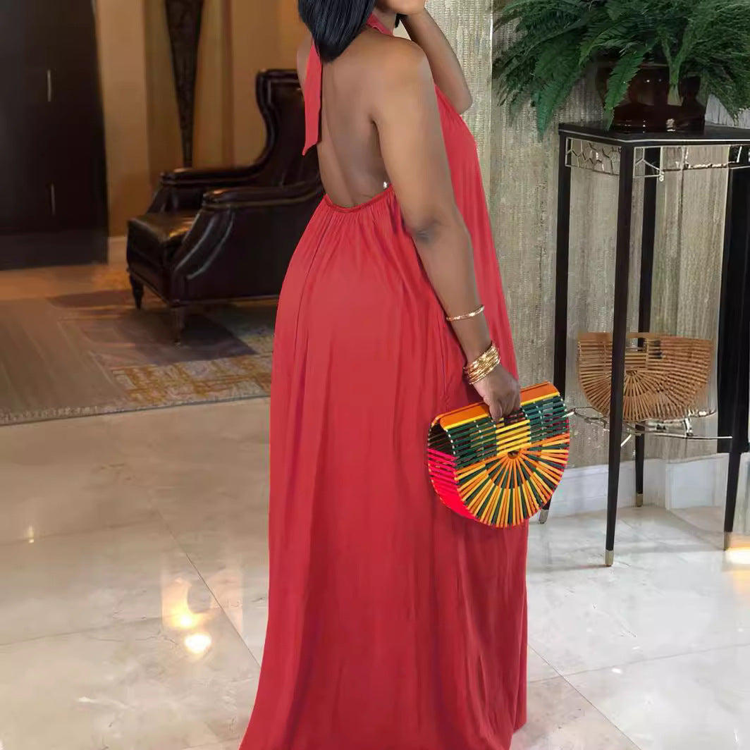 Plus Size Women Halter Neck Backless Loose Bohemian Solid Dress