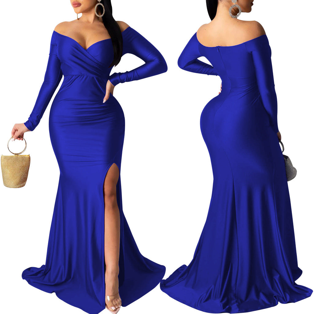 Sexy Fashion Big V-Neck Solid Off Shoulder Slit Evening Dress 16