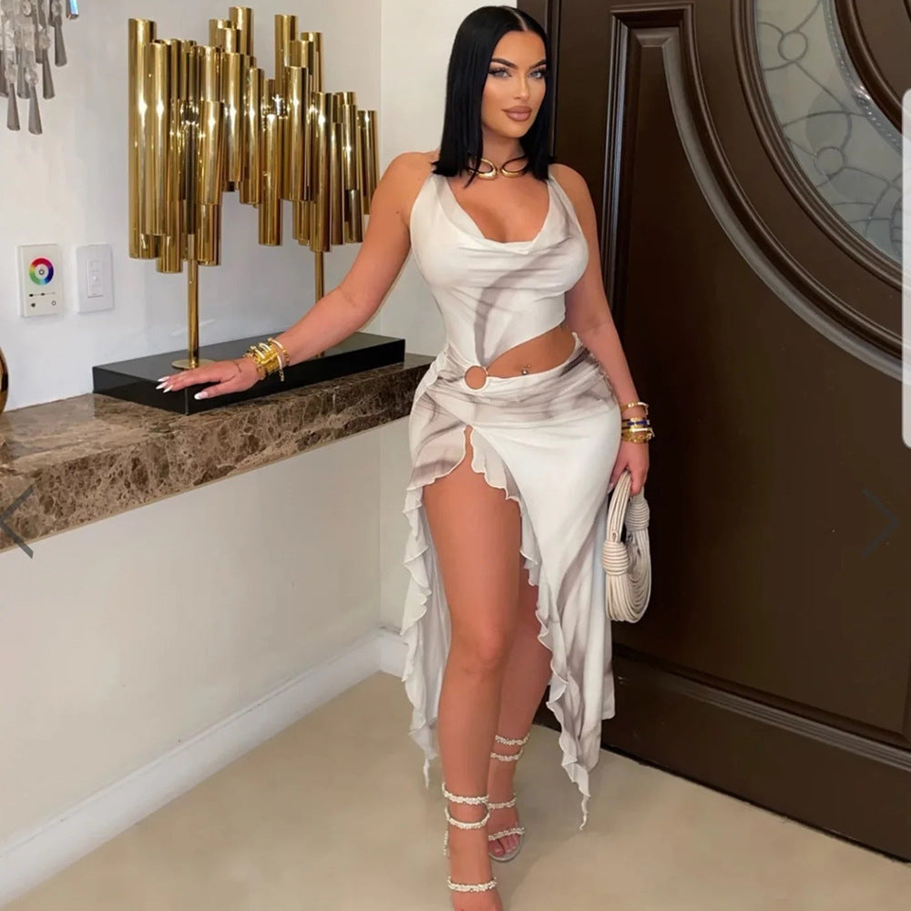 Women's Spring/Summer Contrast Color Halter Neck Irregular Print Dress