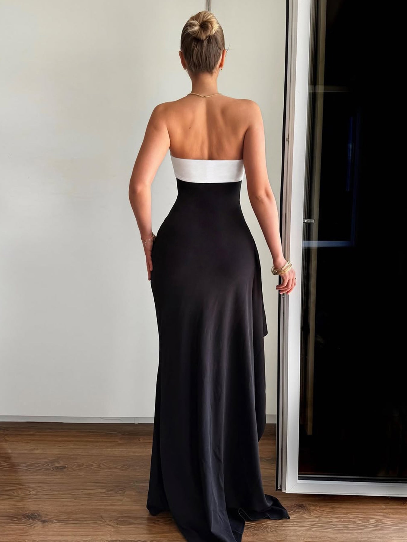 summer Women's elegant contrast color Strapless sexy split fashion Chic long dress 3