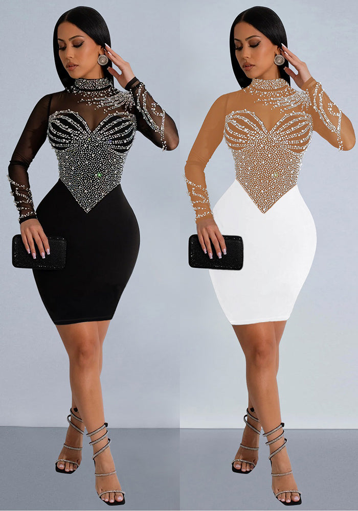 Women solid mesh beaded long-sleeved mini dress