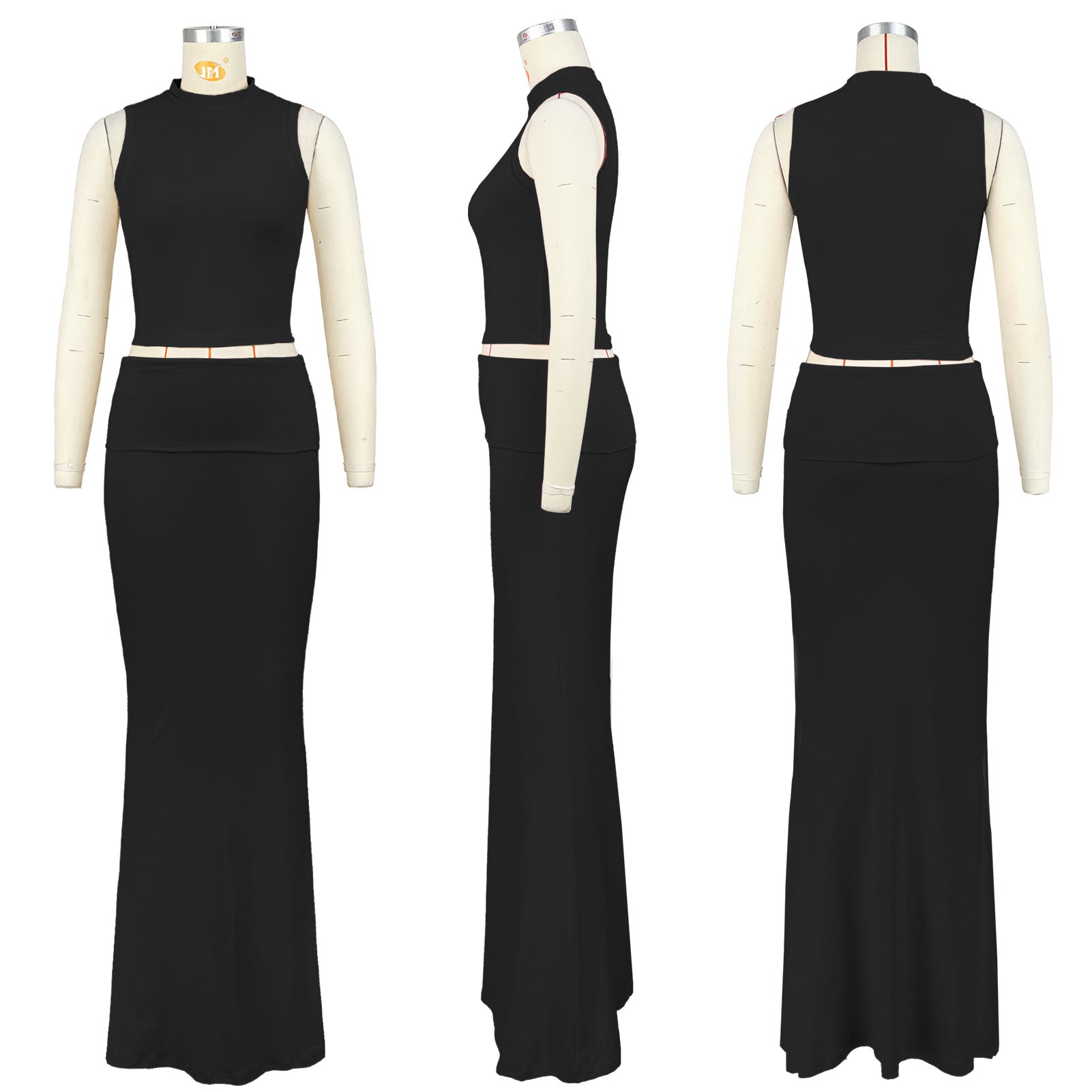 Women's Solid Color Round Neck Sleeveless Top and Long Skirt Two Piece Set 15