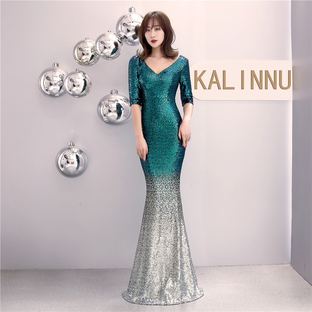 Long Sequin Half Sleeve V-neck Plus Size Fat Beauty Mermaid Formal Party Evening Dress 6