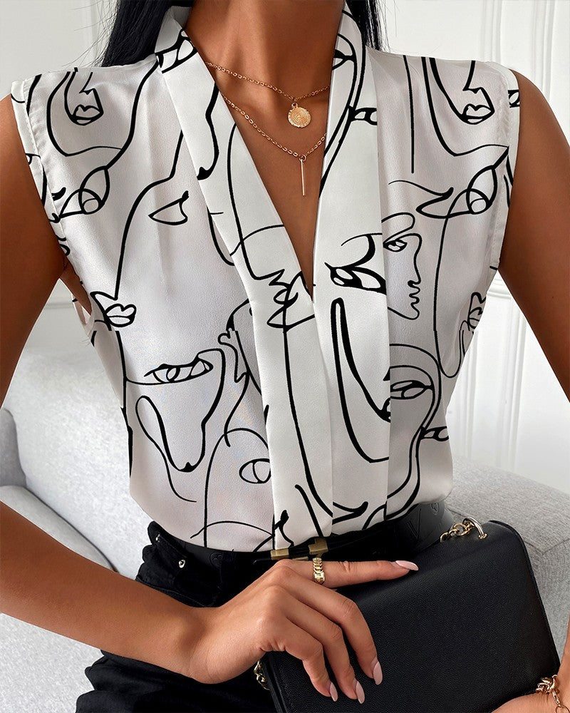 Fashion Casual Sleeveless V-Neck Printed Shirt For Women 4