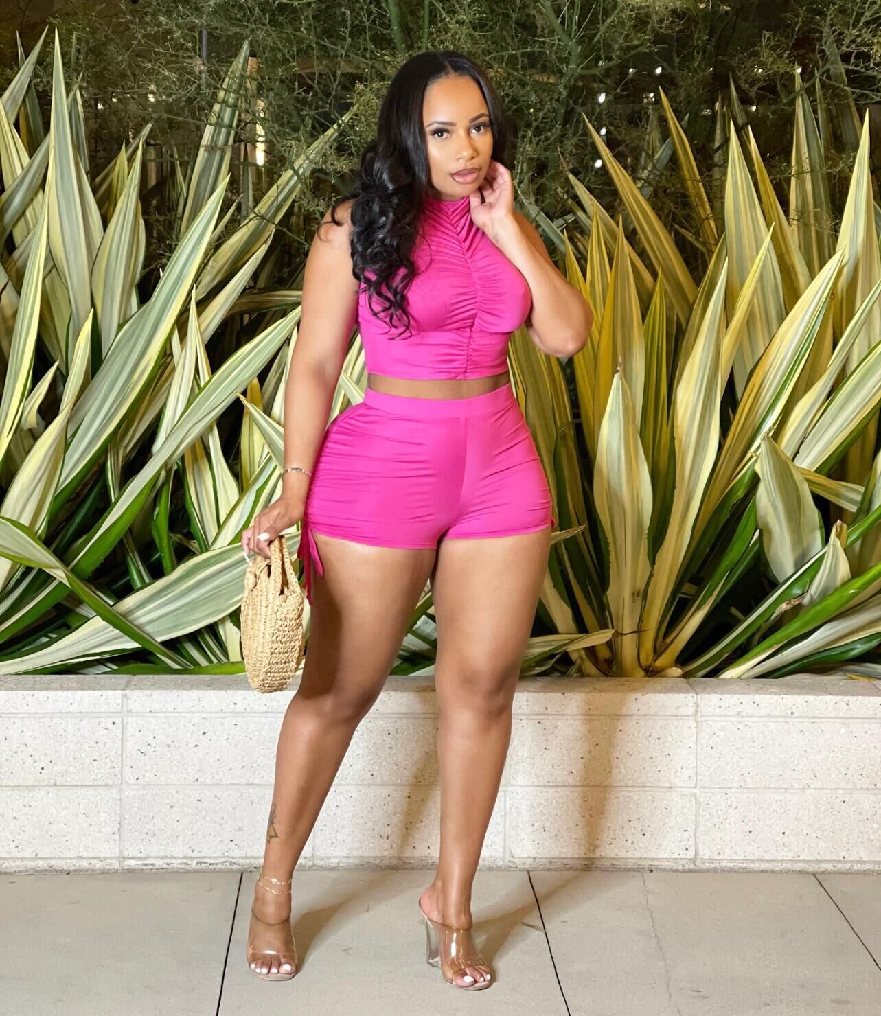 Women clothes drawstring two-piece summer vest shorts set 7