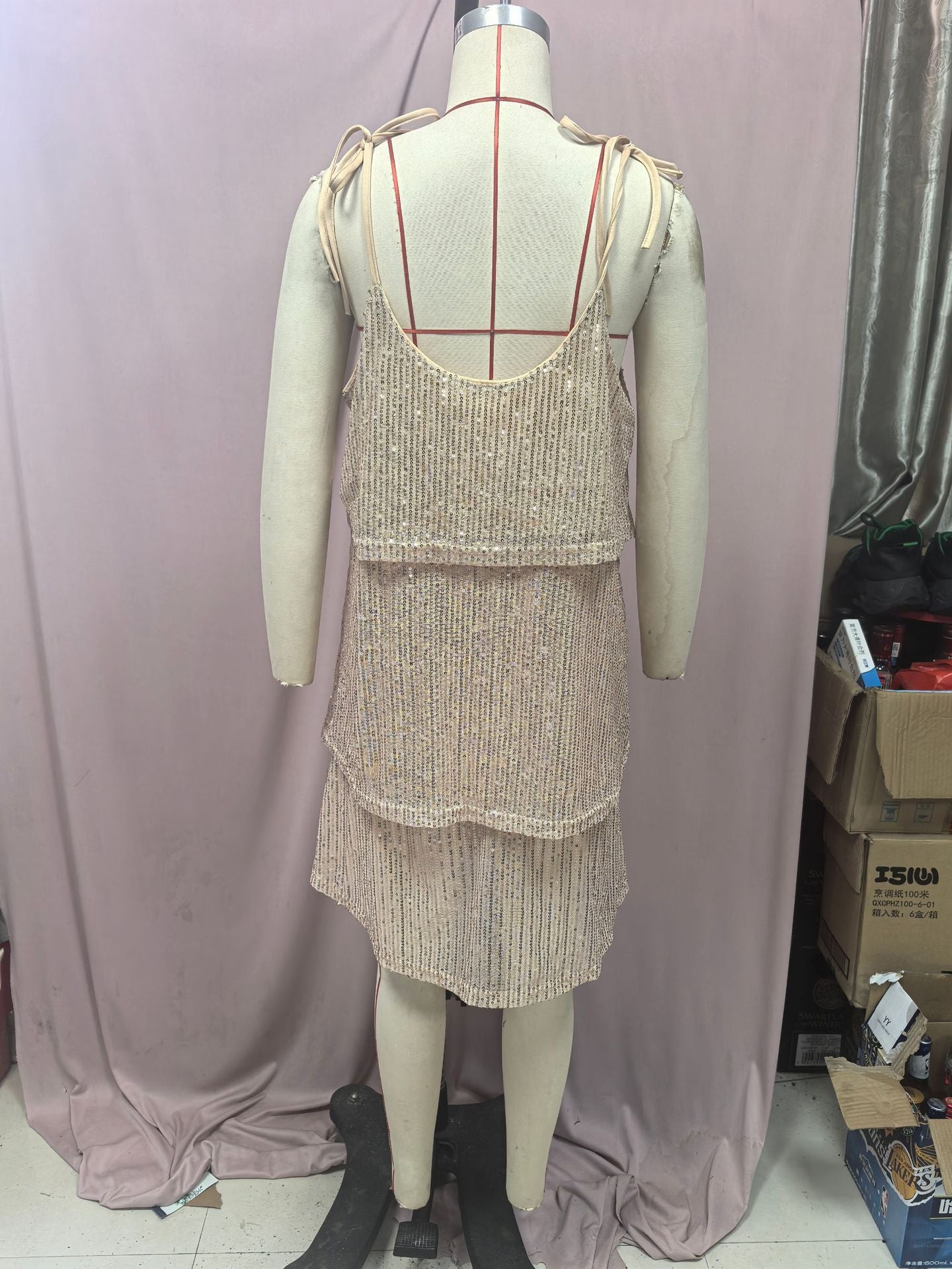 Women Sequin Sleeveless Suspender Party Cascading Ruffles Dress 9