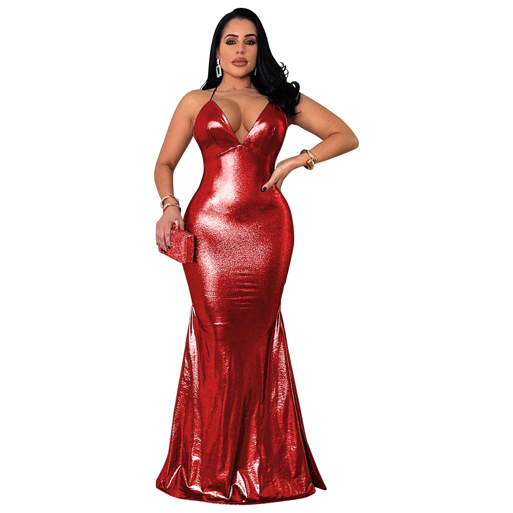 Women's Strap Sexy V-Neck Metallic Color Tight Fitting Party Maxi Dress 14