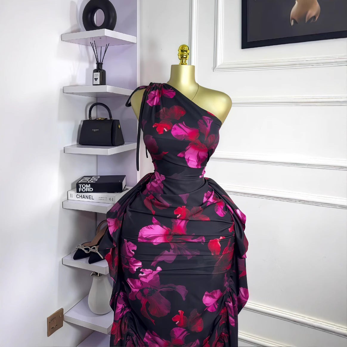 One-Shoulder Slash Neck Floral Tie-Front Ruffle Bodycon Dress 3