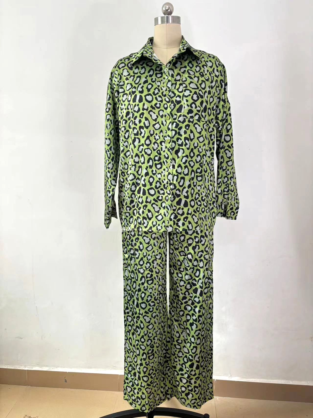 Spring Fashion Casual Women's Leopard Print Long Sleeve Shirt Pants Two Piece Set 8
