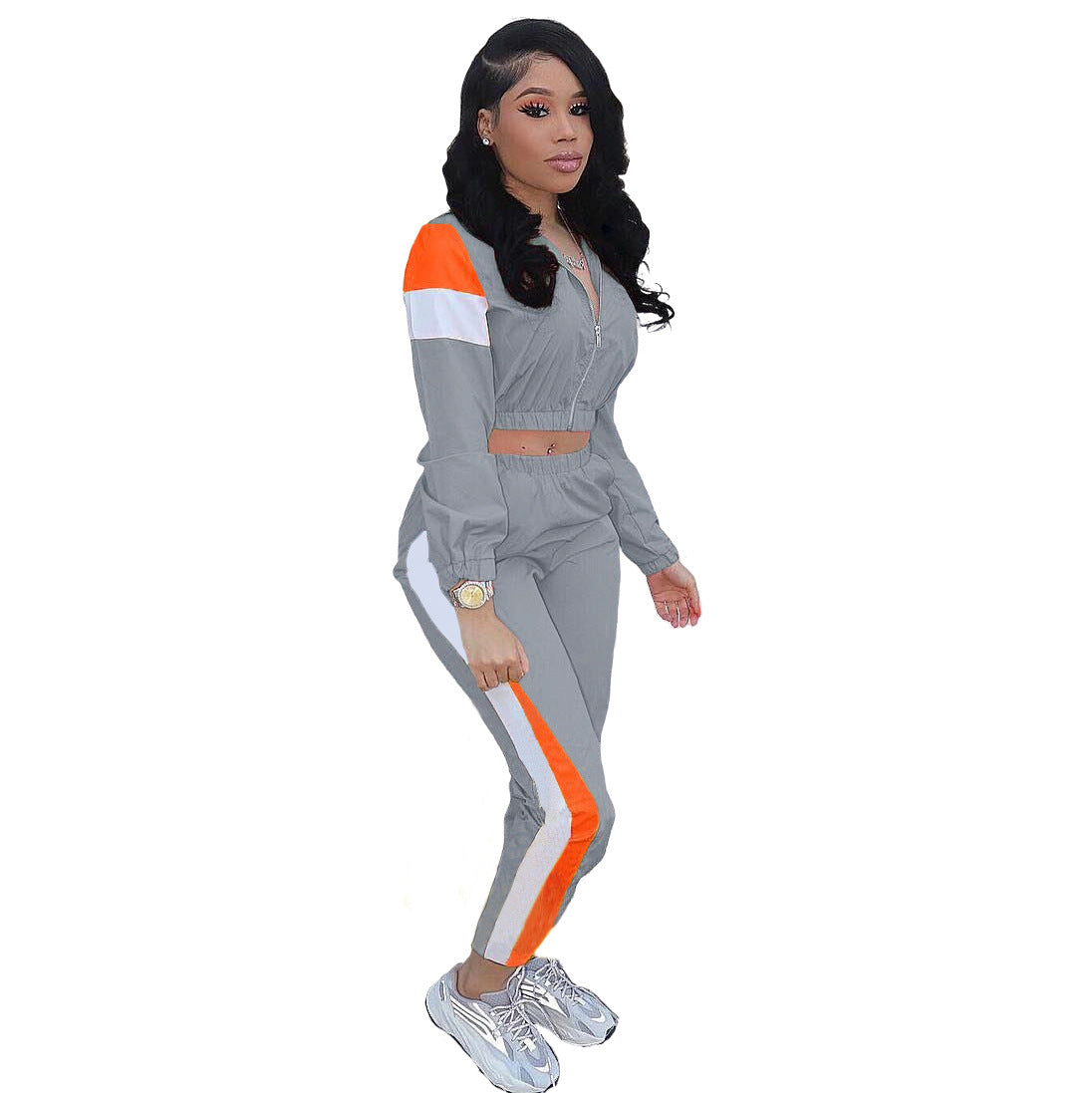 Women's Patchwork Sport Contrast Casual Tracksuit Two Piece Set 9