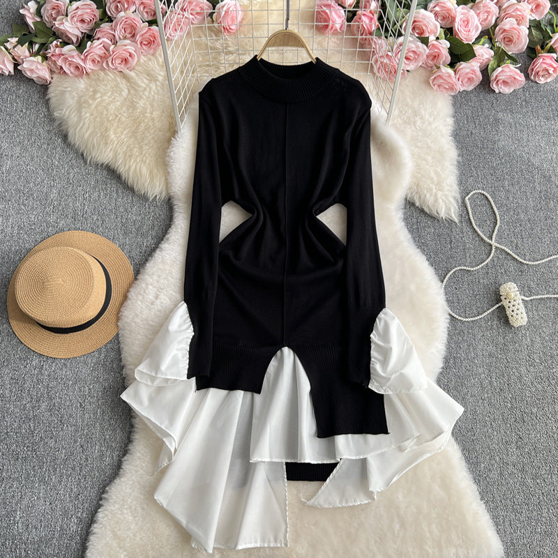 Women French knitting irregular contrasting Patchwork sweater dress