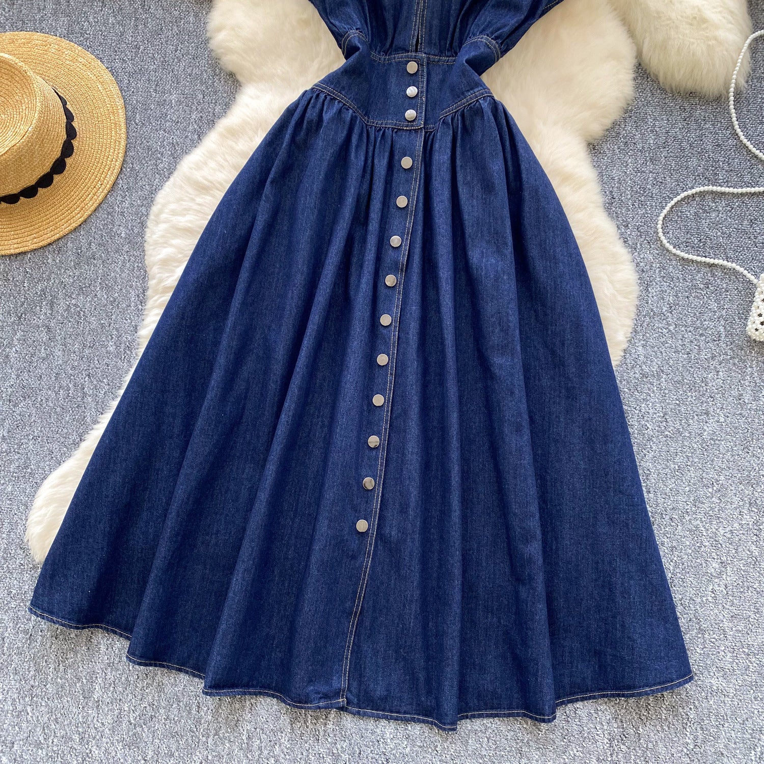 Women's Summer Deep V neck Slim Waist Buttoned Pleated Casual Denim Dress 8