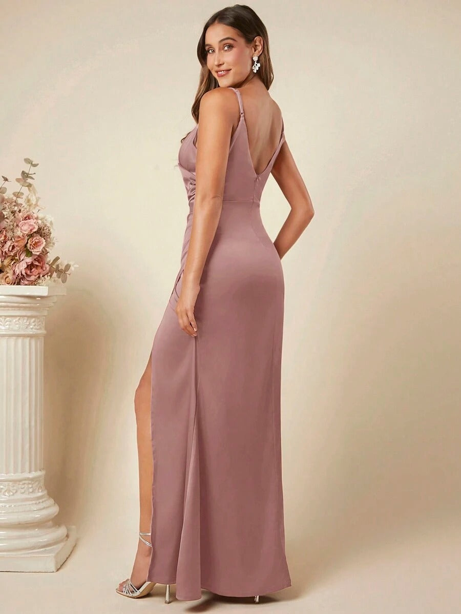 Women's Spring Summer Strap Satin Dress Sexy Pleated Bridesmaid Dress 58