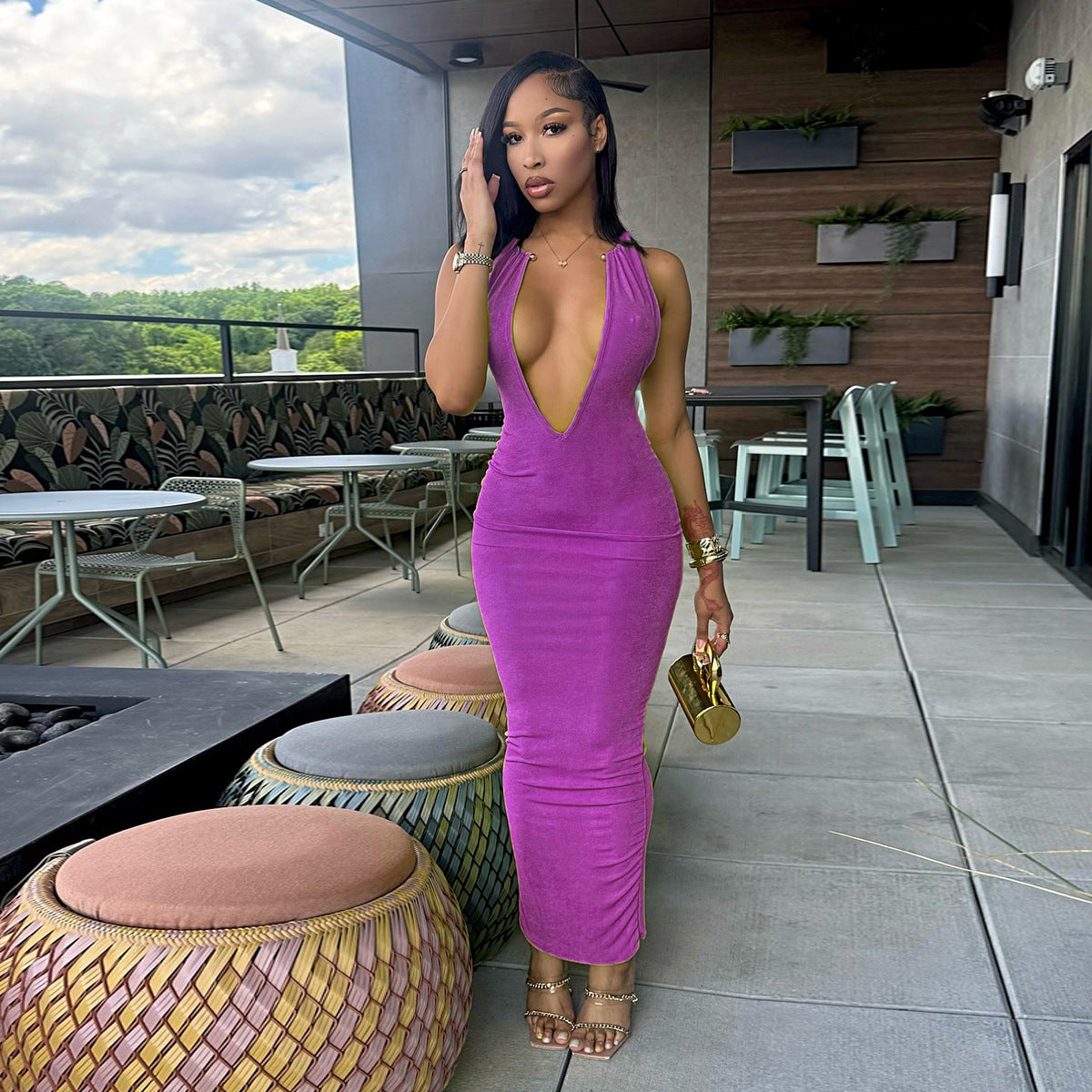 Women Sexy V-Neck Metal Halter Neck Maxi Dress 6