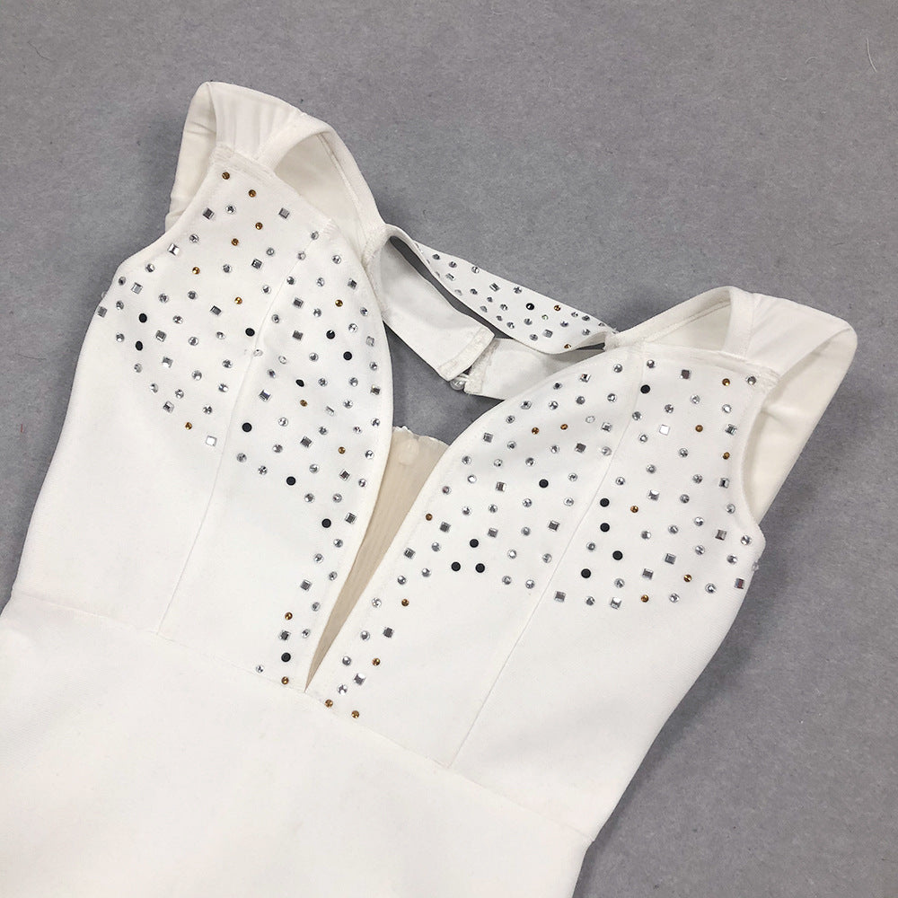 Women summer sexy V Neck party Patchwork feather Beaded Dress 4