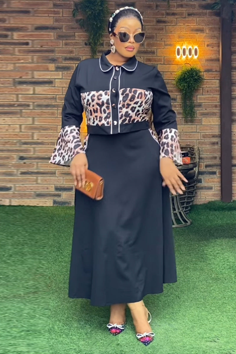 Sexy Leopard Print Patchwork Top Long Skirt Two-Piece Set 3