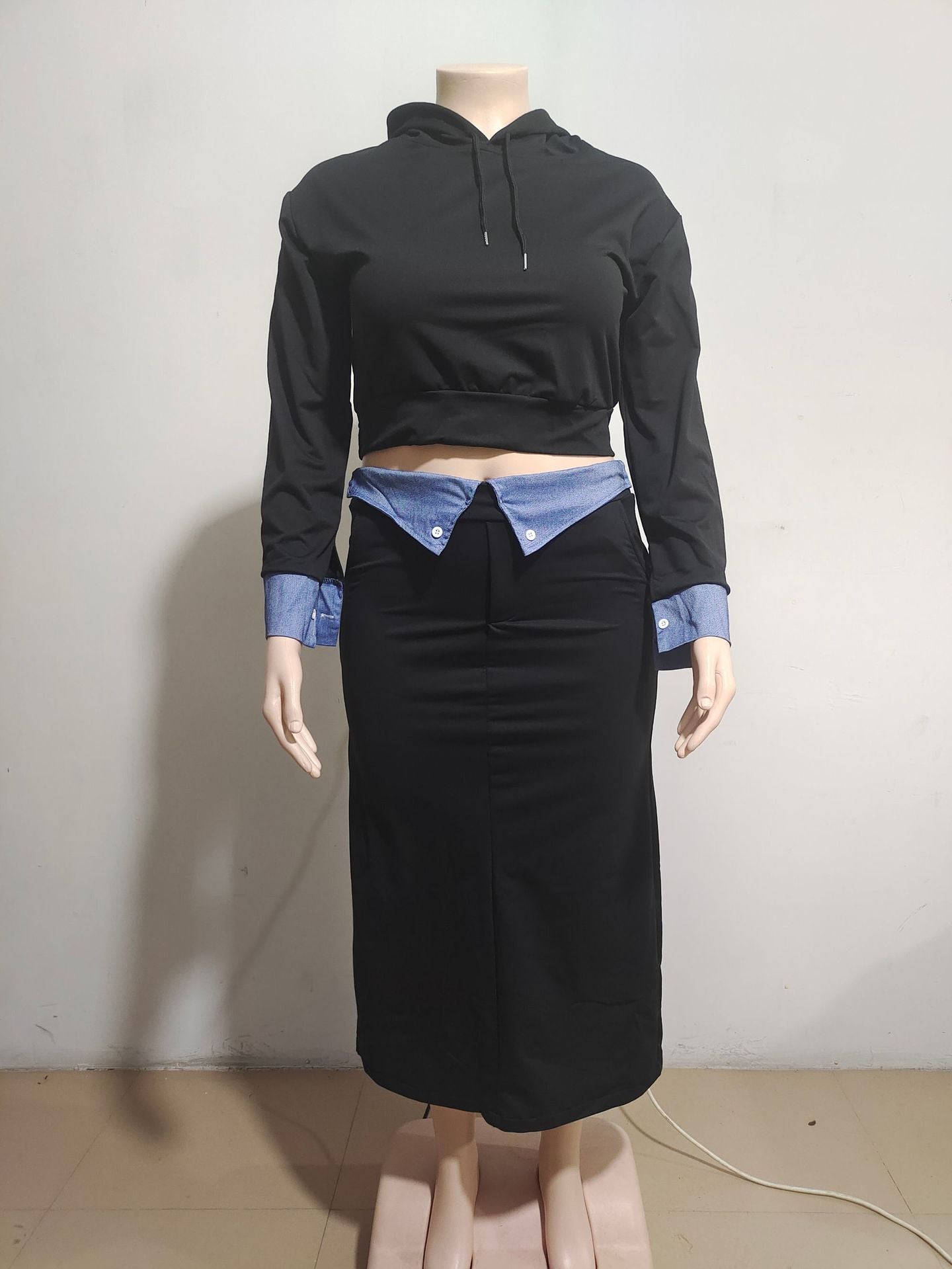 Women Winter Casual Long Sleeve Hoodies and Denim Patchwork Slit Skirt Two-piece Set 11