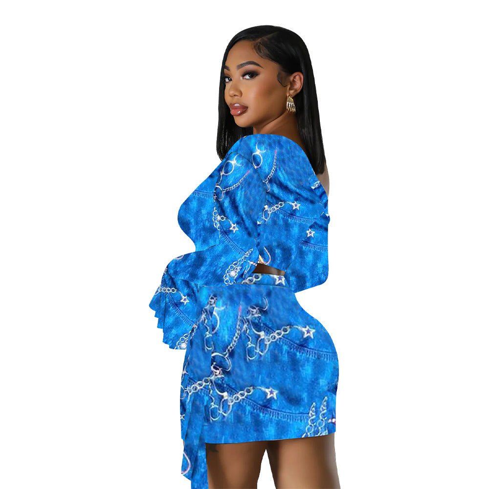 Women Sexy Slash Shoulder Bell Bottom Top and Mini Skirt two-piece set 7