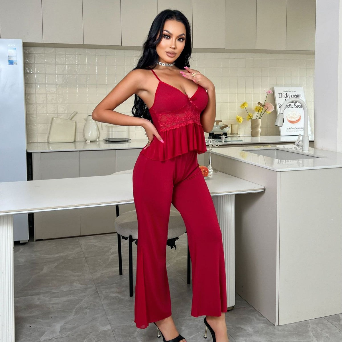 Strap Pajama Pants Set V-Neck Lace Sexy Loungewear Set 3