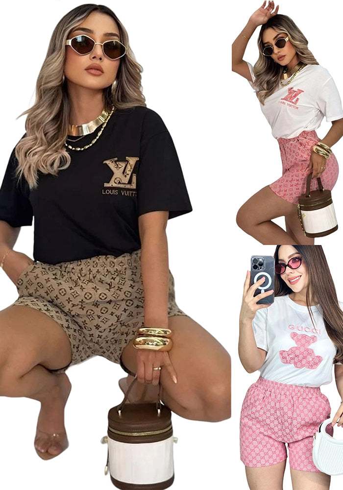 Women's Summer Embroidered & Printed Short-Sleeved Shorts Set