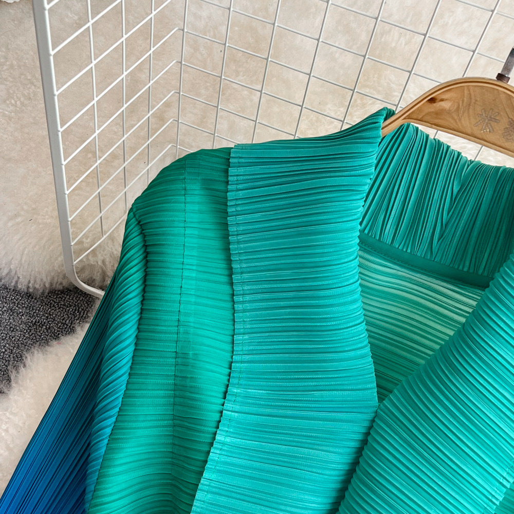 Women Pleated Long Sleeve Turndown Collar Lace-up Gradient Dress 12