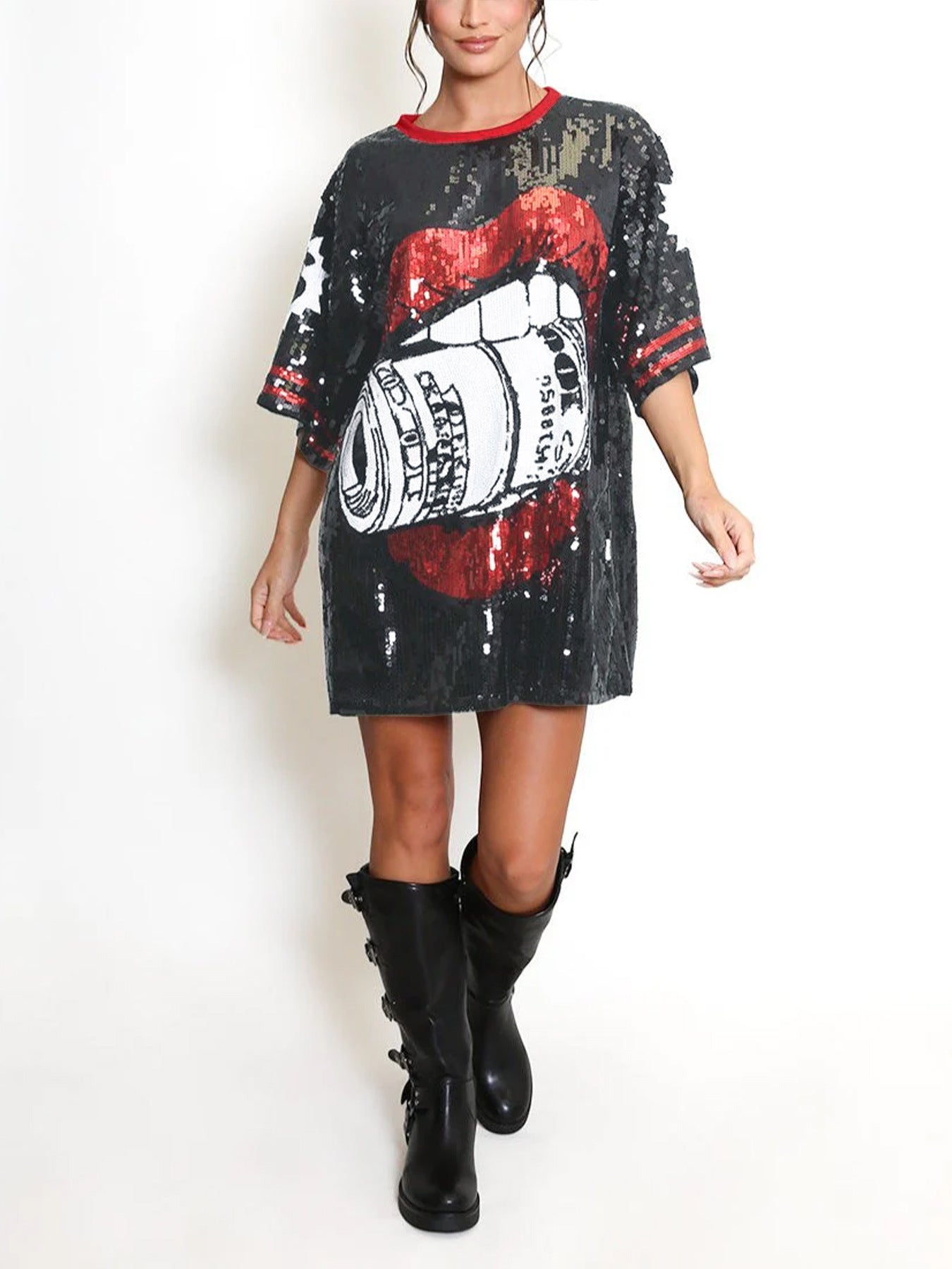 Women Round Neck Half-sleeved sequined print dress 5