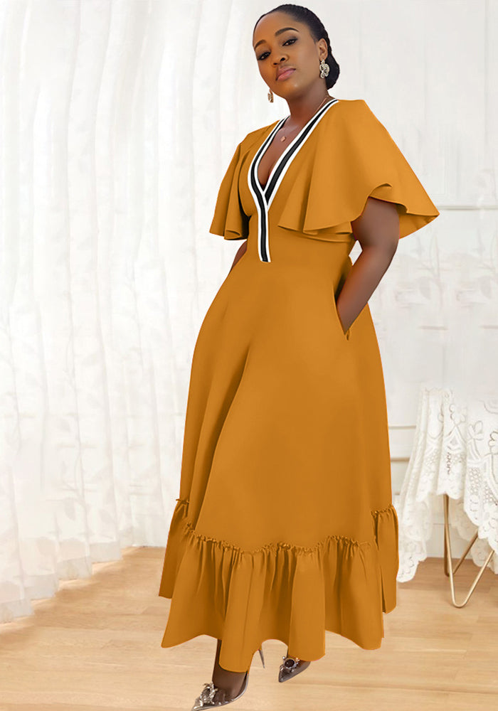 Women Pocket Ruffle Sleeve V-Neck Contrast Patchwork Dress