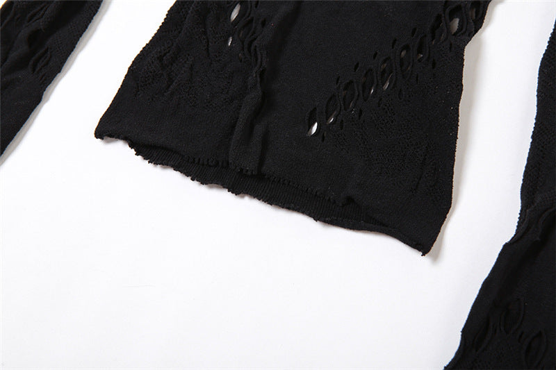 Fall Women's Sexy Round Neck Cutout Tight Fitting Top High Waist See-Through Casual Pant Set 16