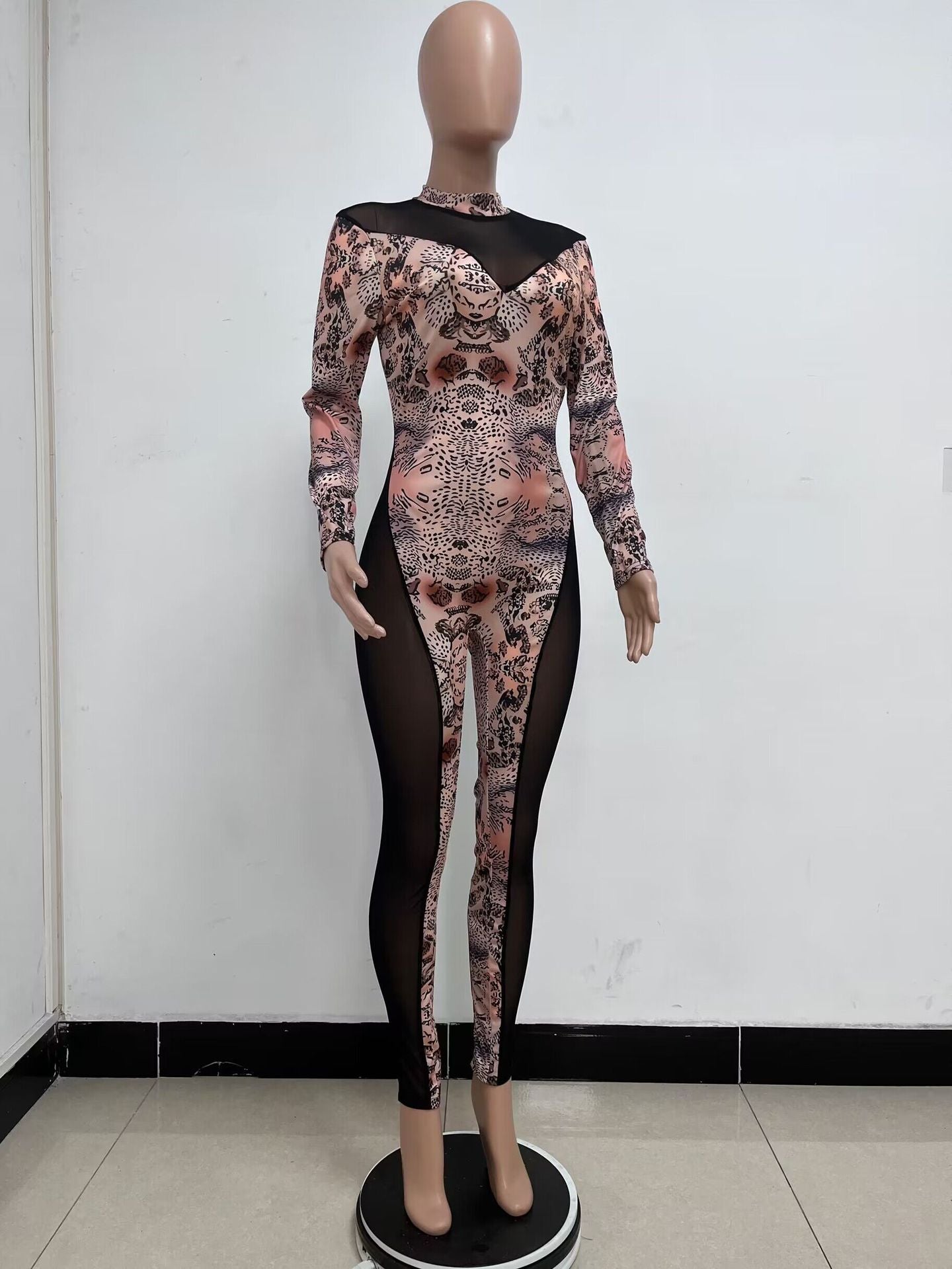 Women's Long-Sleeved Print See-Through Mesh Patchwork Slim Ladies Jumpsuit 10