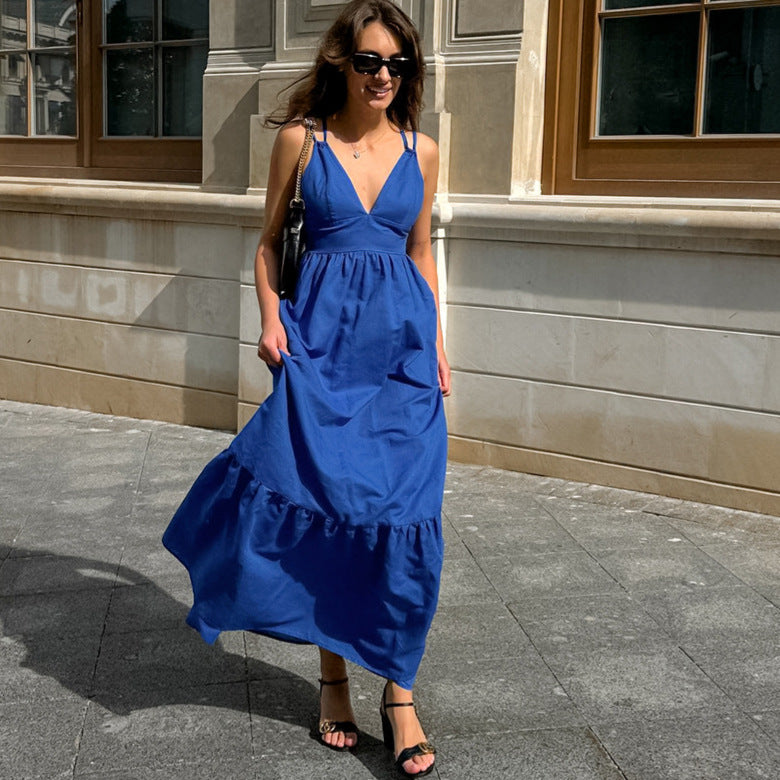 Spring Summer Holidays Style Blue V Neck Strap Low Back Long Dress 7