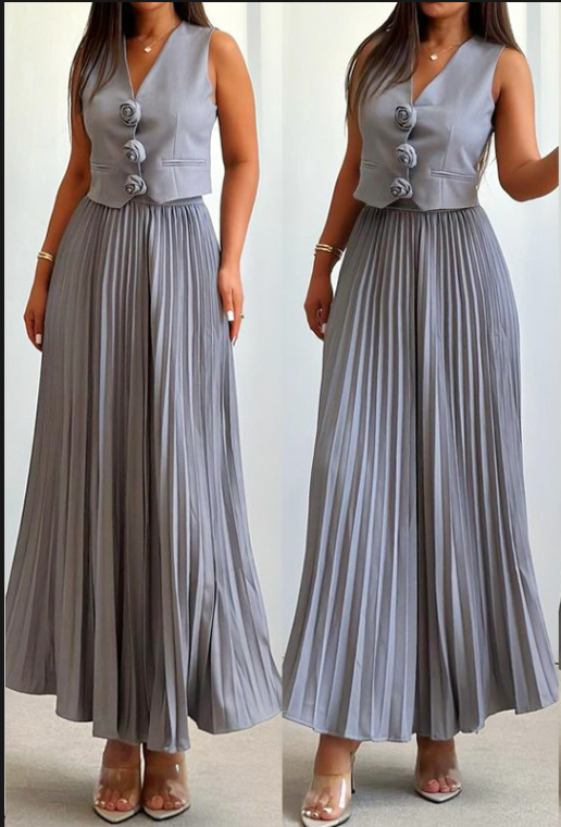 Women's Summer Flower Sleeveless Vest Top Pleated Long Skirt Two-Piece Set 6